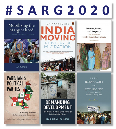 #SARG 2020 poster with six books listed: Mobilizing the Marginalized, India Moving, Women, Power, and Property, Pakistan's Political Parties, Demanding Development, and From Hierarchy to Ethnicity